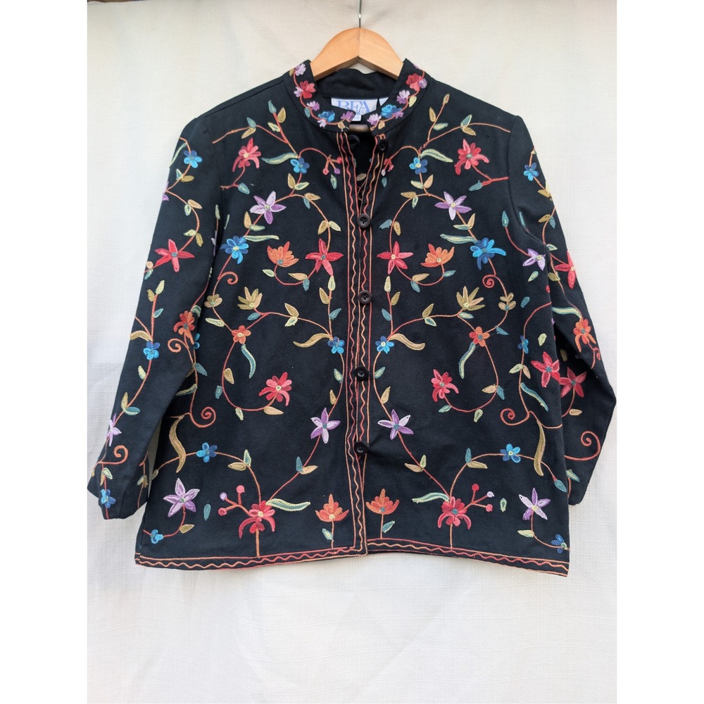 Bfa Classics Embroidered Jacket Womens M Black Cotton Floral Art To Wear Boho